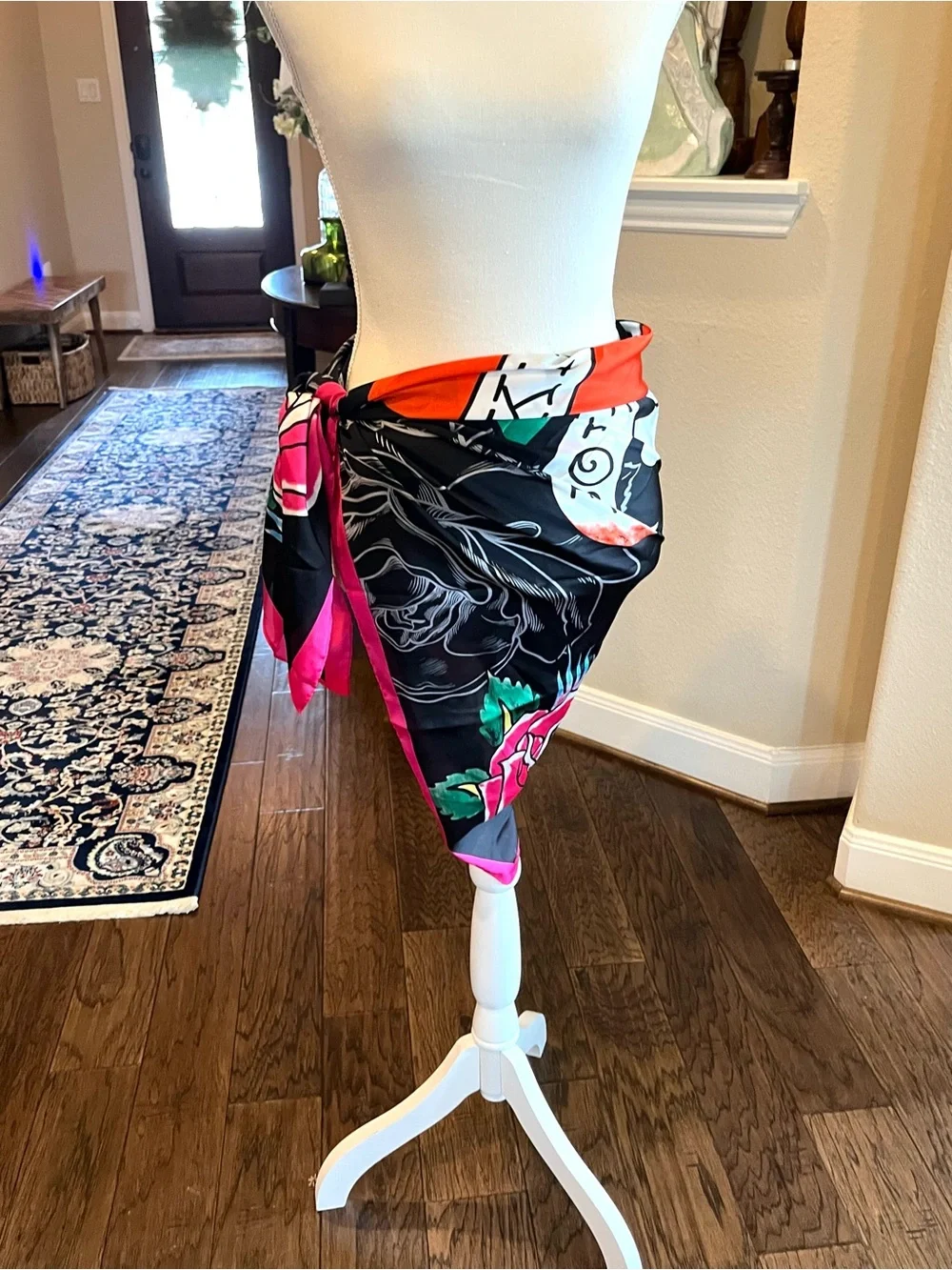 Ed Hardy Black Scarf with Pink Rose Border and Heart Skull Graphic Love